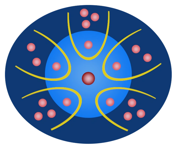 a blue circle with yellow lines and red dots