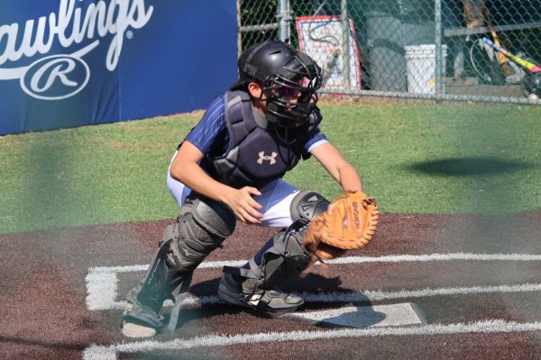 Young baseball catcher in action at home plate.
