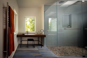 Custom tile shower. Makeup vanity. Bathroom remodel