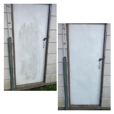 Before and after cleaning of a white metal door.