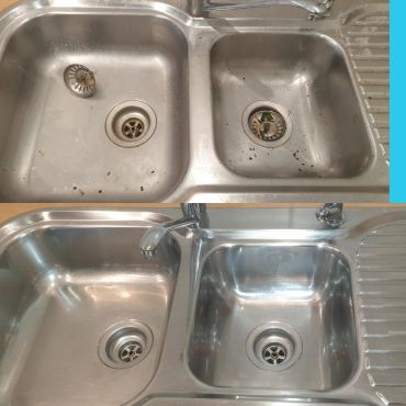 Before and after cleaning a double kitchen sink.