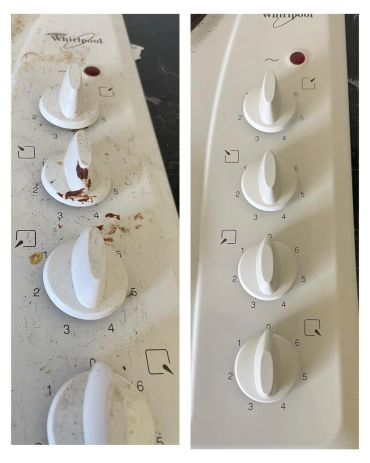 Before and after cleaning stove knobs.