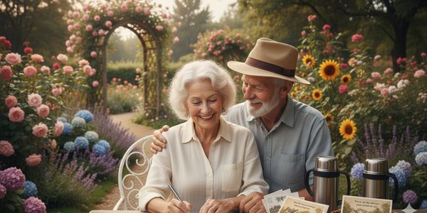 Elderly couple enjoying writing postcards in a vibrant garden.