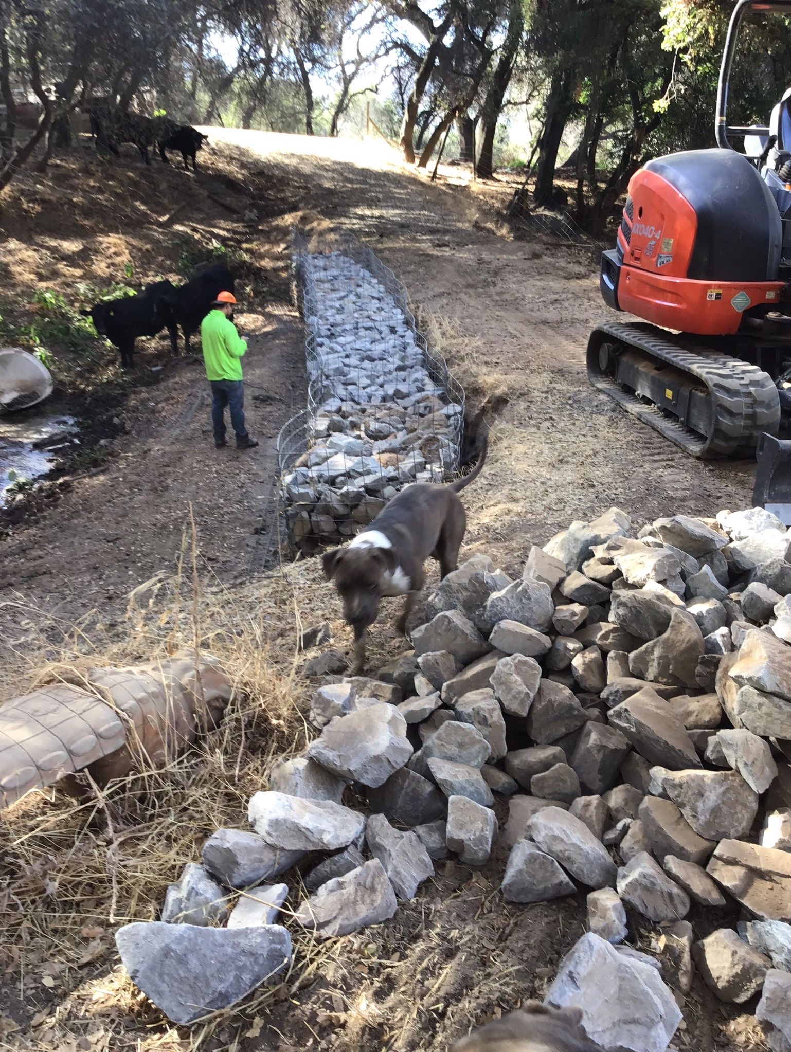 Rock and wire Retaining structure  for  road stability reinforcement  in Newcastle CA