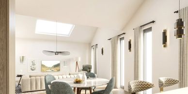 Bright, modern living and dining room with skylight and large windows.
