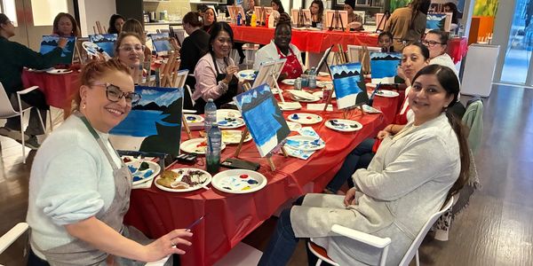 Group painting together at bachelorette paint party