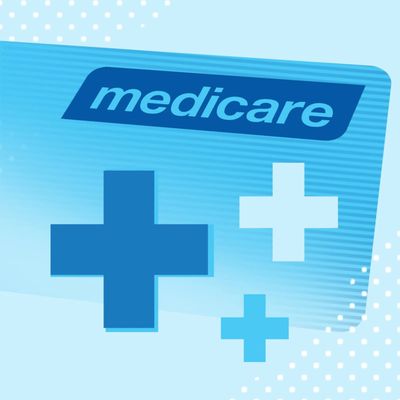 An image depicting a generic Medicare card without details, overlaid with three healthcare crosses o