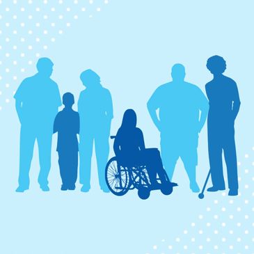 Silhouettes of six people in a row living with varying disabilities. A wheelchair user, someone usin