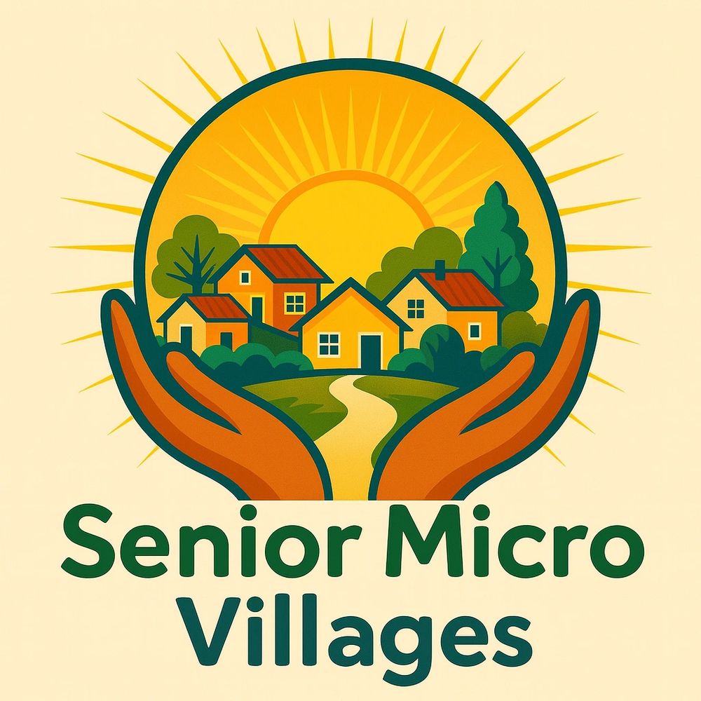 Logo of Senior Micro Villages with houses and sunrise in protective hands.