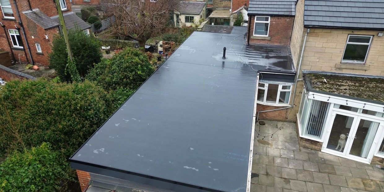 A flat black roof on an extension of a brick house with a dog behind glass doors.