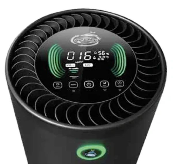 Top view of a sleek black air purifier with digital display and control buttons.