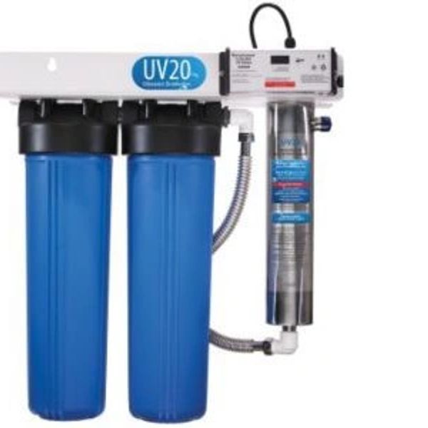 Water purification system with dual blue filters and UV sterilizer.