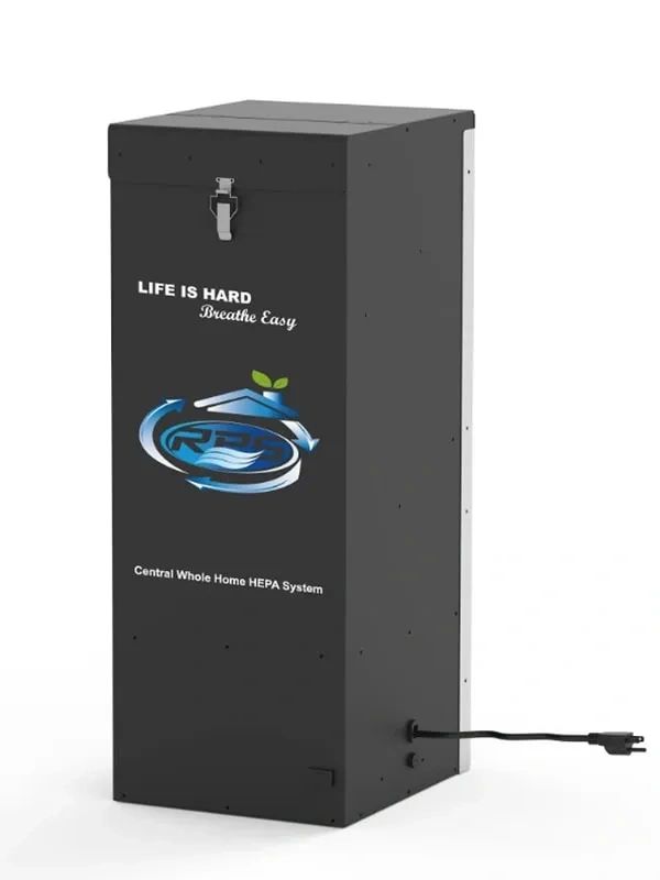 Black central whole home HEPA air filtration system with power cord.