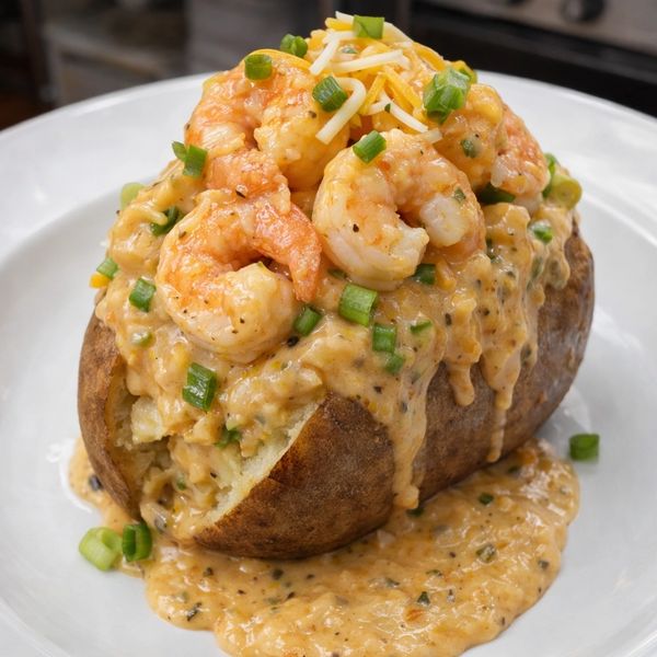 Loaded baked potato topped with shrimp, cheesy sauce, and green onions.