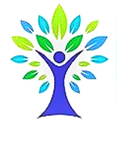 Abstract human figure with colorful leaves symbolizing growth and vitality.