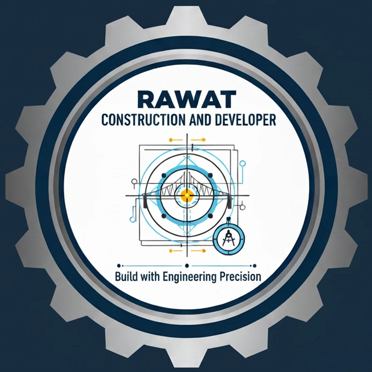 Logo of Rawat Construction and Developer with engineering design elements.