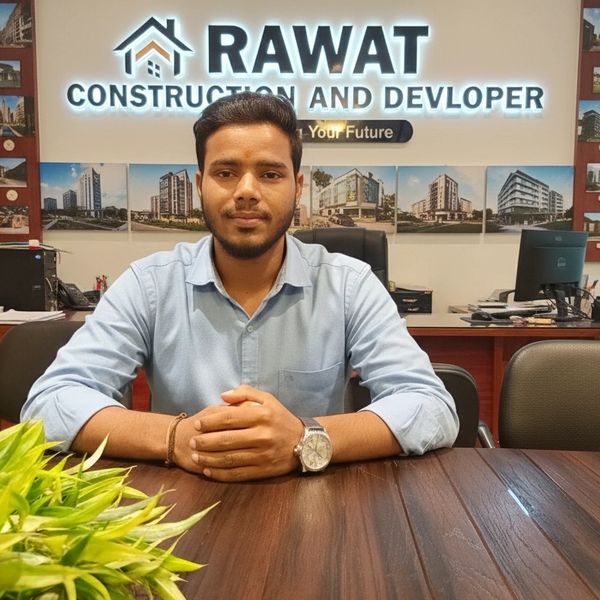 A man sitting confidently at a desk inside Rawat Construction and Developer office.