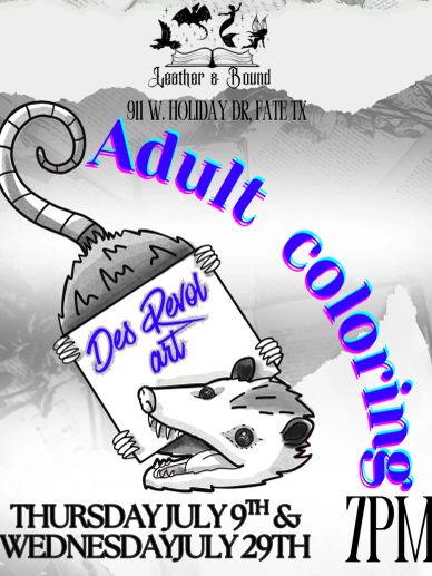 Adult coloring event with possum art in Fate, TX.