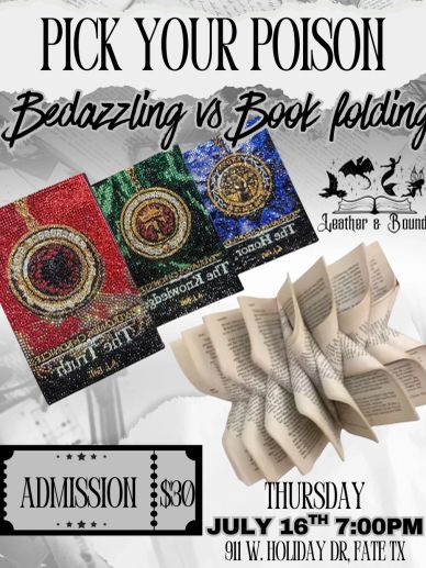 Event flyer comparing bedazzling vs book folding with admission details.
