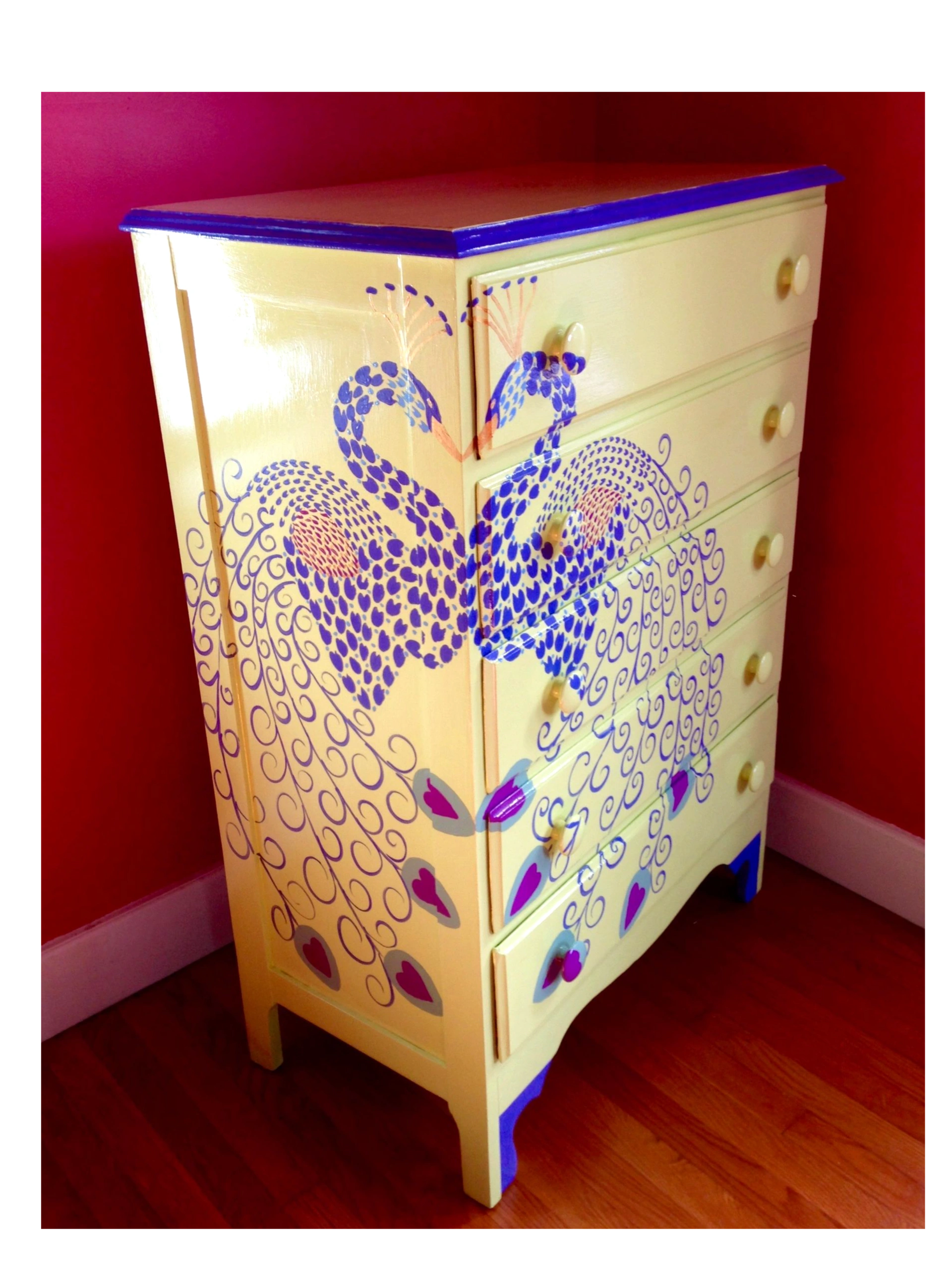 Antique painted 5 drawer bureau has kissing peacocks in a fab blue, purple, gold and aqua tone all o