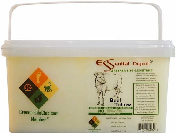 7-lb container of grass-fed beef tallow from ready to be used to create whipped tallow.