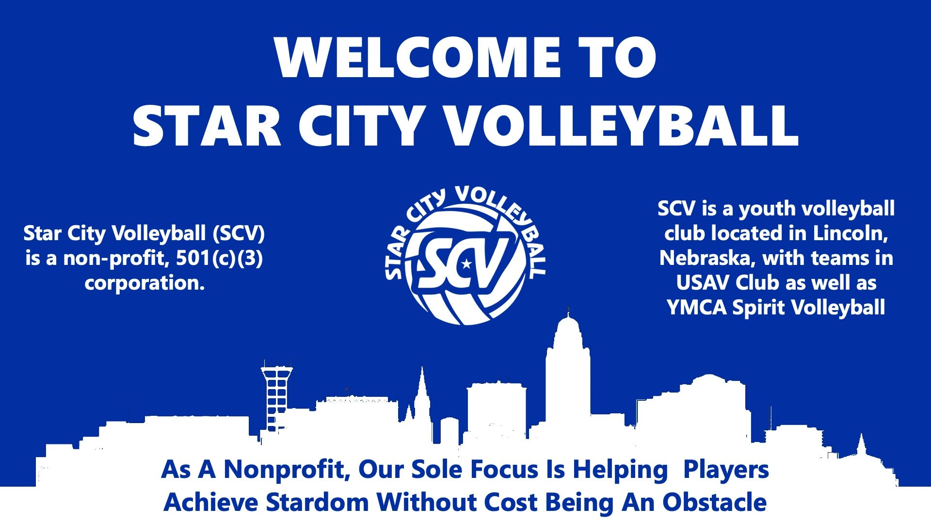 Welcome to Star City Volleyball (SCV). SCV is a nonprofit that helps players achieve stardom.
