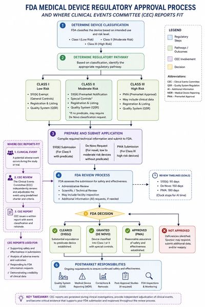 Flowchart detailing FDA medical device regulatory approval and clinical events committee reports.
