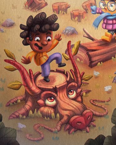 summer camp, illustration, kid lit, diversity, black, asian, white, woods, dragon, fun, playtime