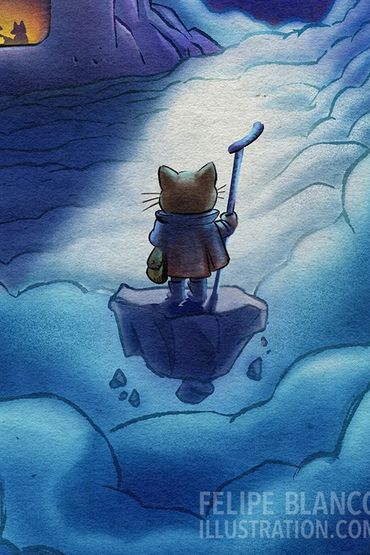 kid lit, dream like, whimsical, animal story, storytelling, mountain, blue, purple, warm