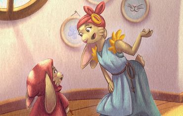 little red riding hood, illustration, kid lit, story, bright, upbeat , animals, rabbit, red, house, 