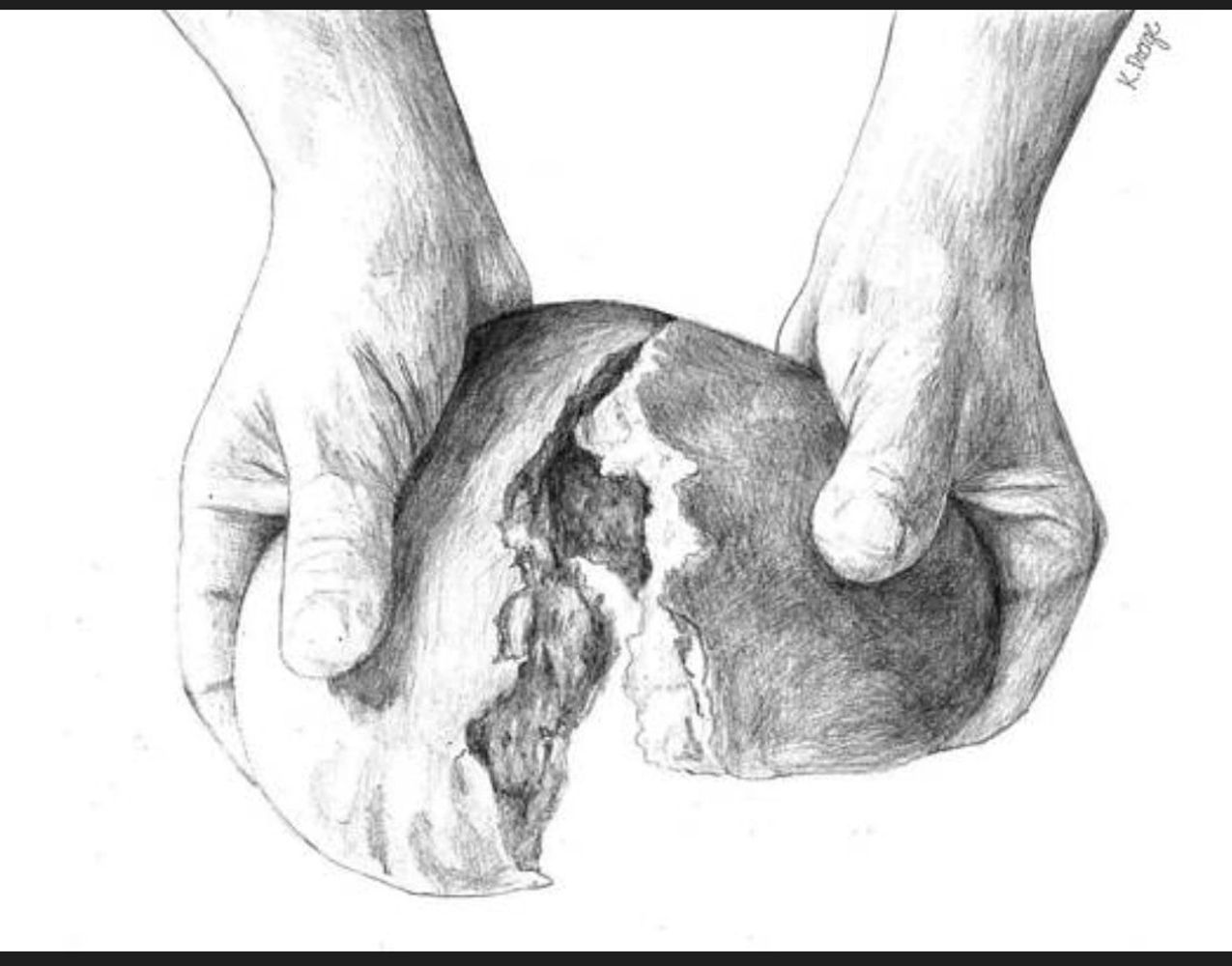 Pencil sketch of hands breaking a loaf of bread.