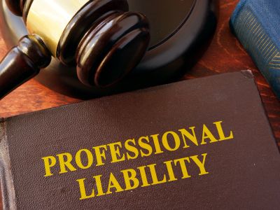 A gavel and a book titled 'Professional Liability' on a desk.