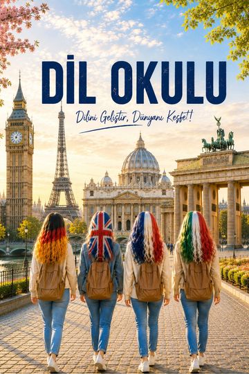 Dil okuluna giden dört kişi, saçlarında farklı ülke bayraklarıyla yürüyor.