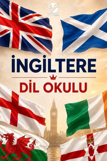 İngiltere dil okulu reklamı, dört farklı bayrakla.