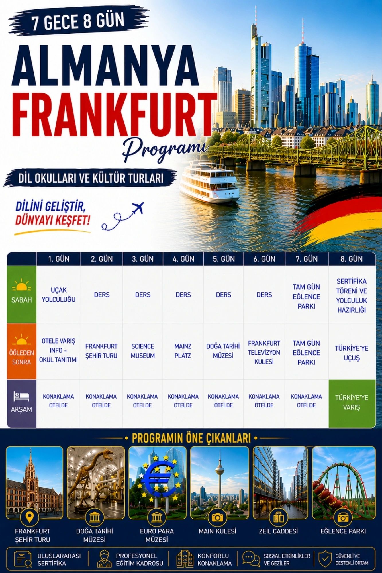 Language and culture tour in Frankfurt, Germany for 7 nights and 8 days.