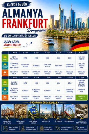 Almanya Frankfurt 13 gece 14 gün dil okulları ve kültür turları programı.