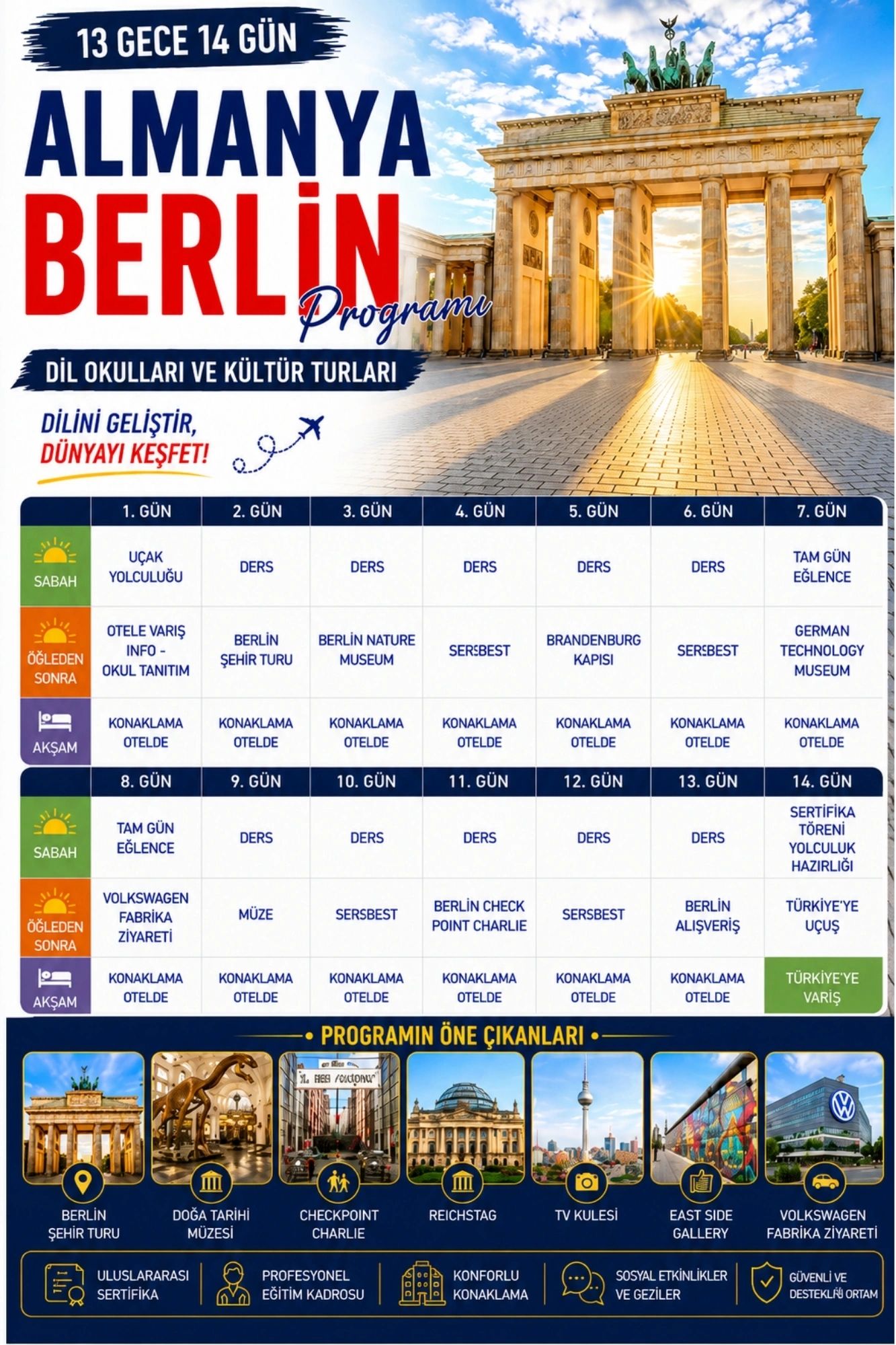 Almanya Berlin programı ve tur planı, dil okulları ve kültür turları detaylı şekilde gösteriliyor.