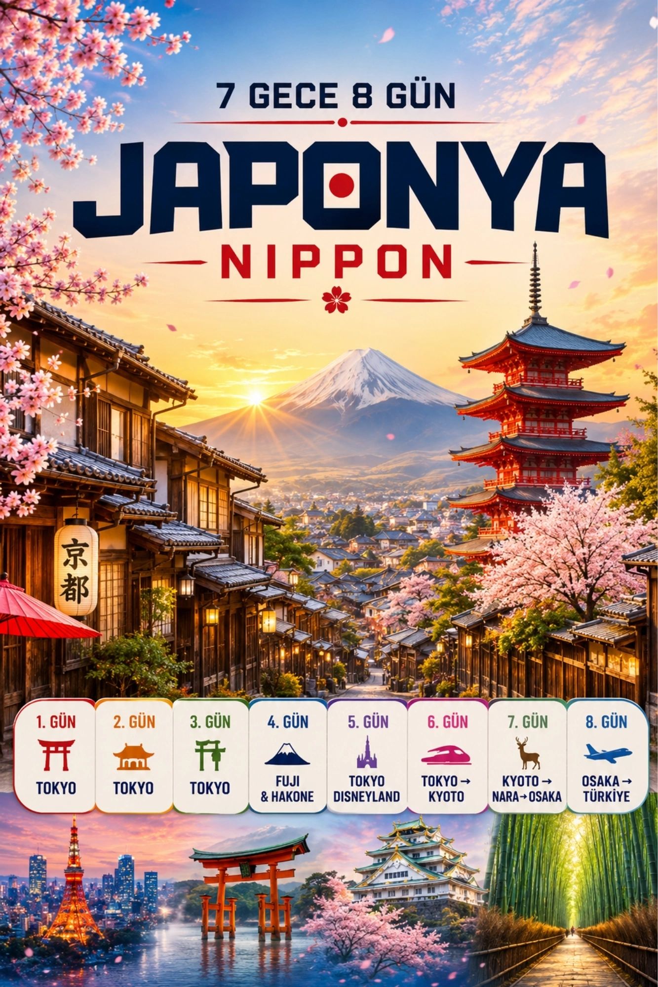 Japanese travel itinerary from Tokyo to Osaka over 8 days.