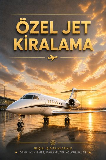 Özel jet kiralama reklamı, gün batımında bir jet uçağı.