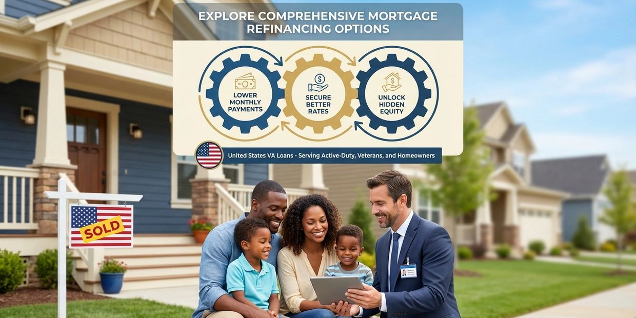 Family discusses mortgage refinancing options with a professional outside their new home.
