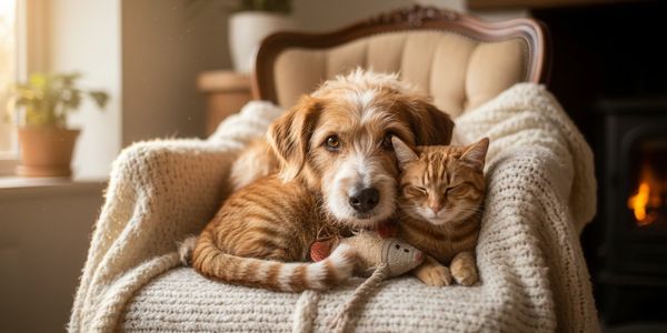 A dog and cat cuddling on a cozy armchair with a knitted blanket.