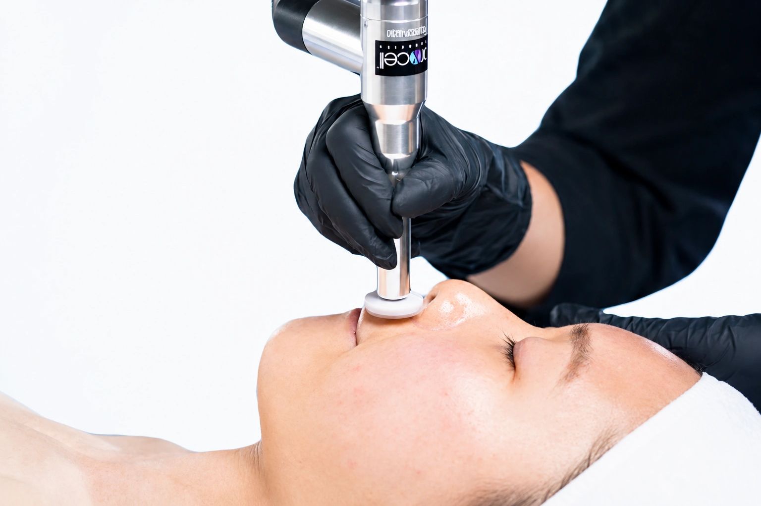 A person receiving a facial skin treatment with a specialized device.