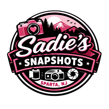 Logo for Sadie's Snapshots photography in Sparta, NJ with camera and mountain design.
