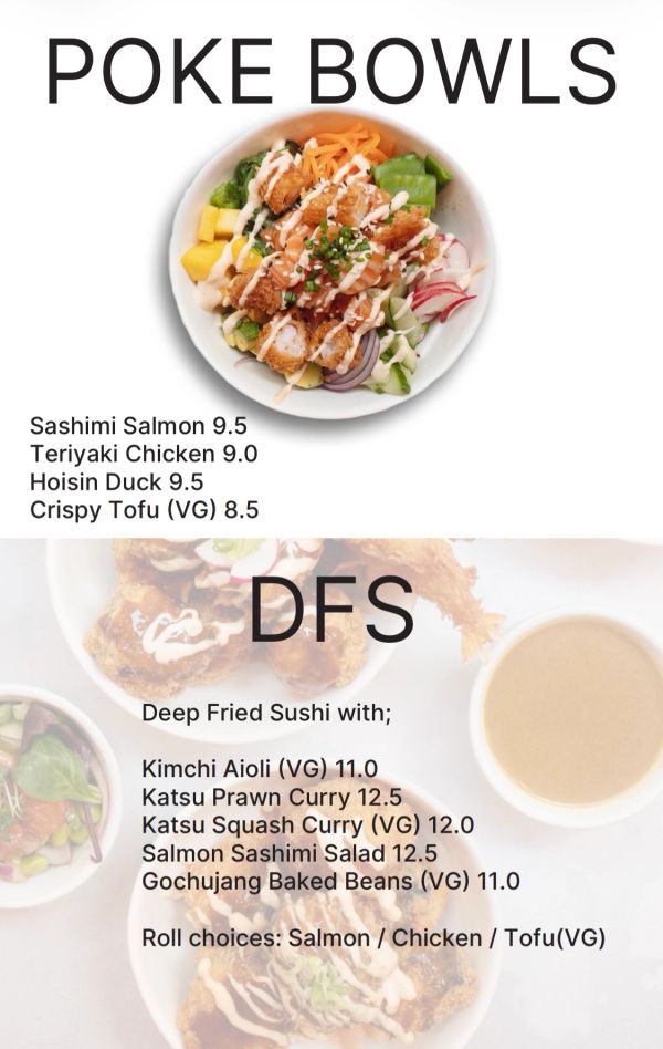 Menu featuring poke bowls and deep fried sushi with prices.