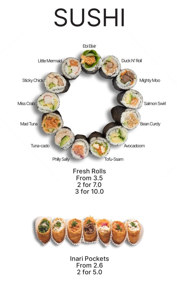 Sushi menu with various fresh rolls and inari pockets prices.
