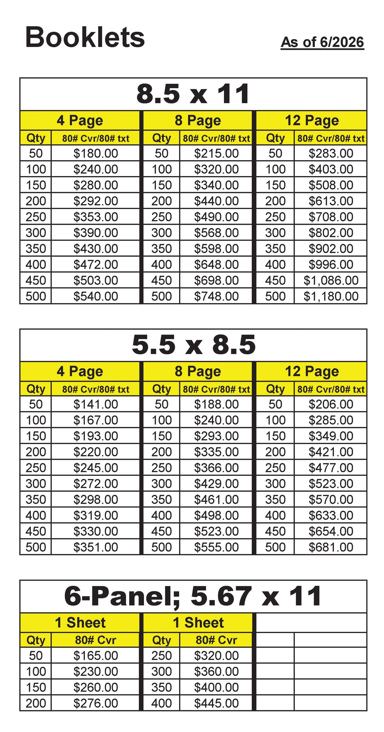 Pricing table for various booklet sizes and page counts as of June 2026.