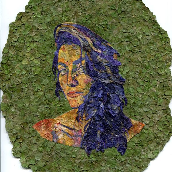 Self-portrait of artist made of dried flowers and florals on canvas paper clovers roses delphinium 