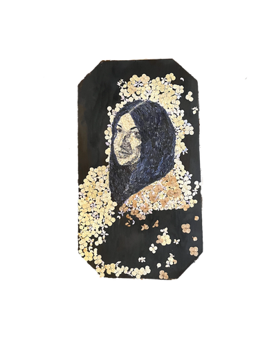 dried flower art floral mosaic mixed media portraiture figurative woman commission female old photo