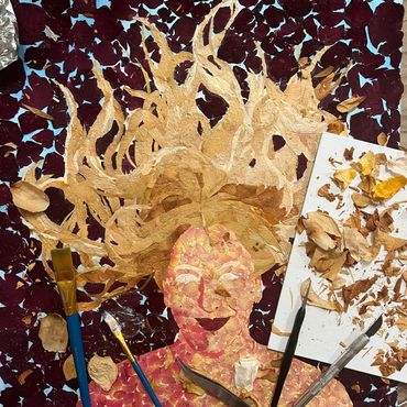 dried flower art floral mosaics pressed nature studio wip colorful medium female hair portraiture