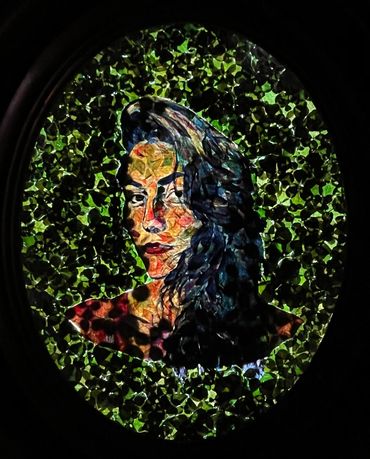 dried flower art floral mosaic mixed media portraiture figurative woman self-portrait backlit light